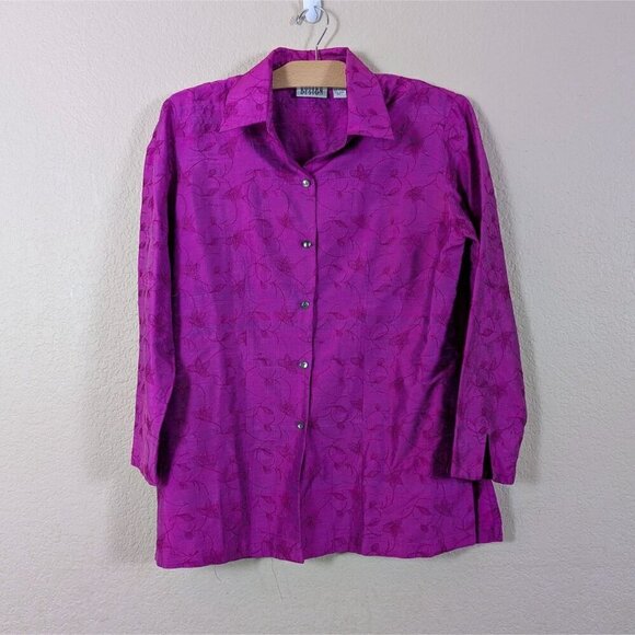 VTG 90s Chicos 100% Silk Magenta Pink Floral Embroidered Button-Down M Fairy - Picture 1 of 8